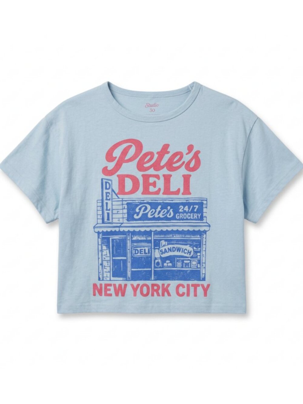 Studio 33 Women’s Pete’s Deli NYC Graphic Crop Top Tee Light Blue S-XL